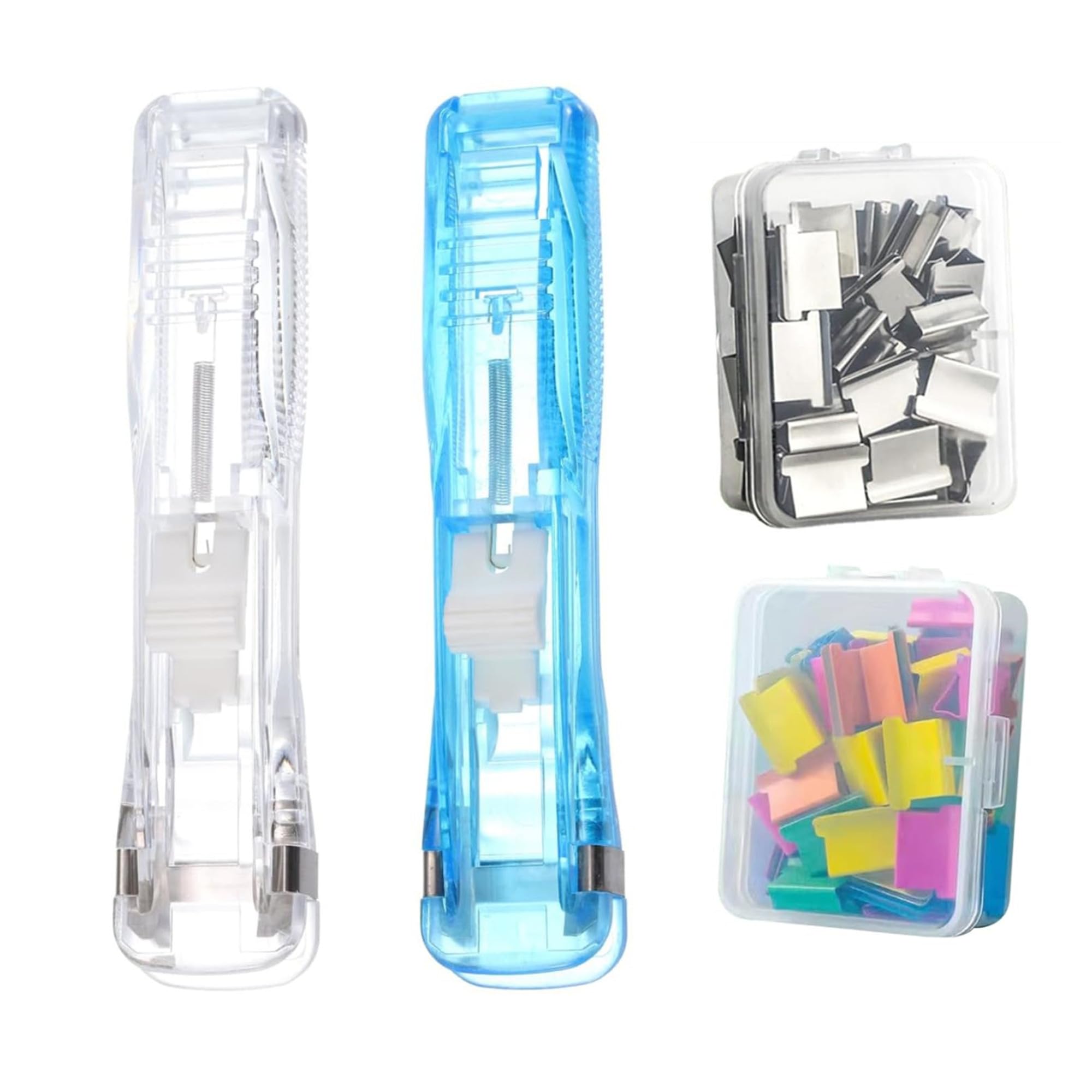 RUIENGCOMM 102Pcs Clam Clip Dispensers with 100 Stainless Steel Metal Refill Clips Multifunctional Lightweight Practical Handheld Paper Clam Clip Dispenser Suitable for Office Home School Supplies