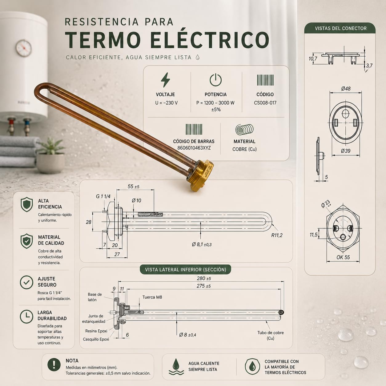 Resistencia Termo Electrico Vaina Cobre Rosca 1 1/4 1500w 220v Standard | Resistencia para calentador electrico | Para acumulador y caldera de agua eléctrica | Resistencia para termo electrico