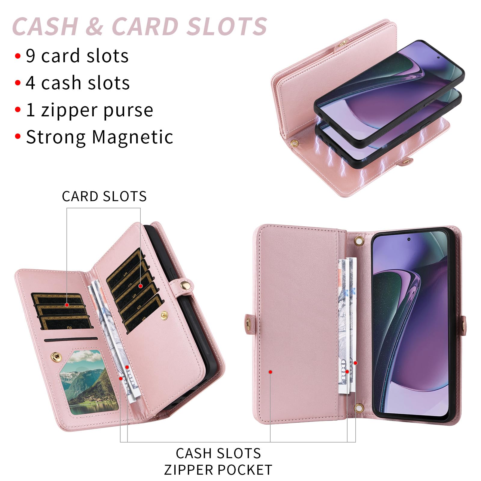 Asuwish Funda para Motorola Moto G Stylus 5G 2023 con cierre de cremallera y correa protectora de pantalla de vidrio templado, con purpurina brillante, tarjetero GStylus G5 XT2317DL XT2315-5 para