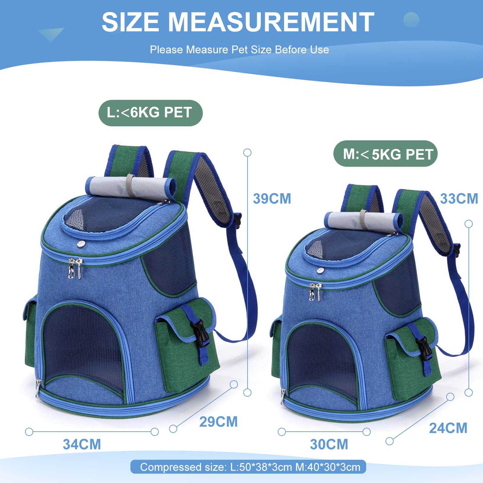 PETCUTE Zaino per Cani Gatti,Zaino per Trasportino per Cani con Sicurezza Guinzaglio,Zaino Trasportino da Viaggio per Cani con Tracolla Regolabile,Pieghevole Borsa Trasportino Cane Gatto per Viaggi
