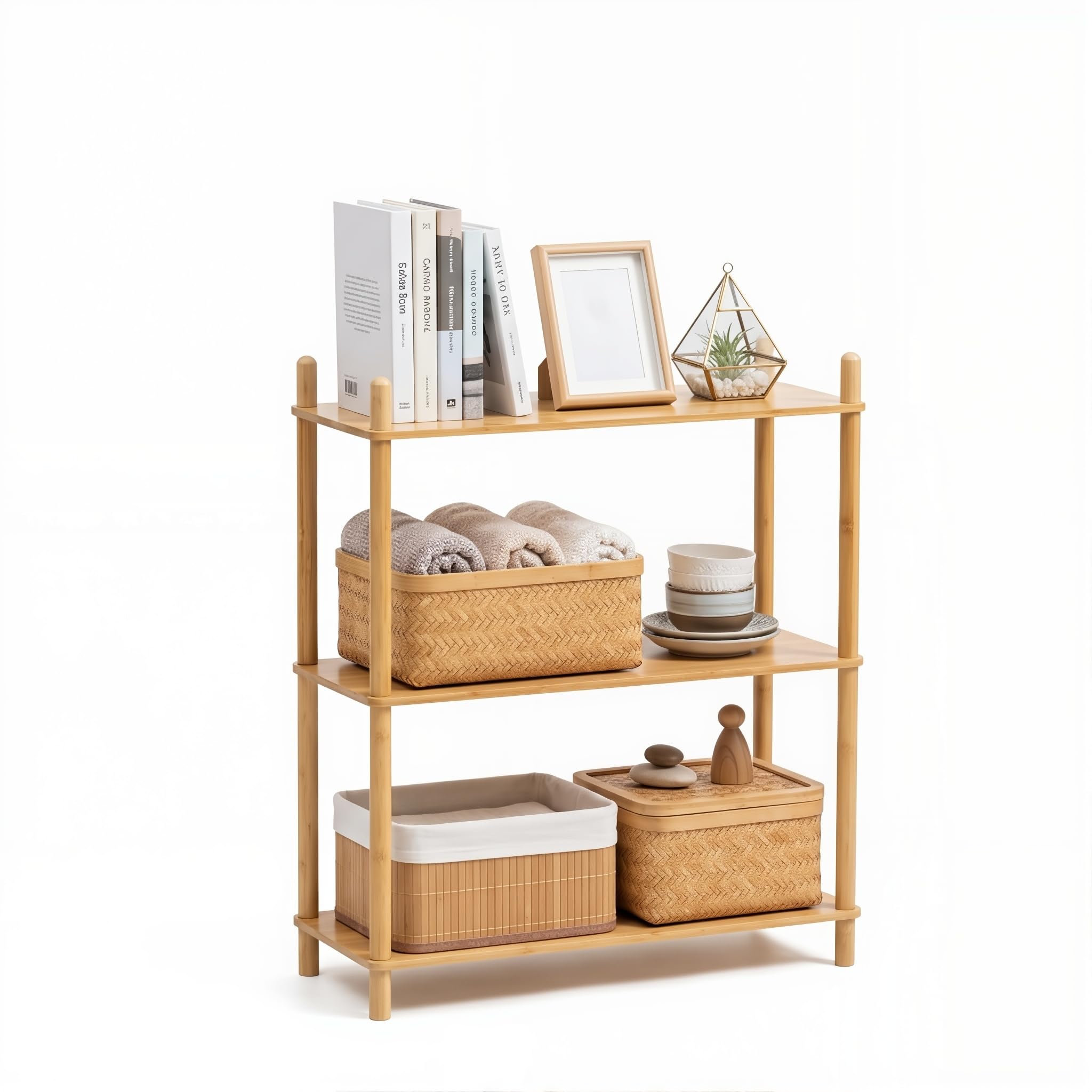 WooFawn Expandable Freestanding Open Bamboo Book Shelf - No-Tool Assembly & Modular,Bathroom Storage Shelf Unit Plant Stand for Small Space, Bedroom,