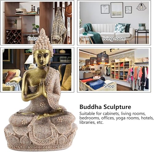 Miniatura 3 de 2 estatuas de Buda de 3.3 x 2.2 in, resina de arenisca, decoración de escultura meditante, estilo sudeste asiático, pintada a mano, adornos para