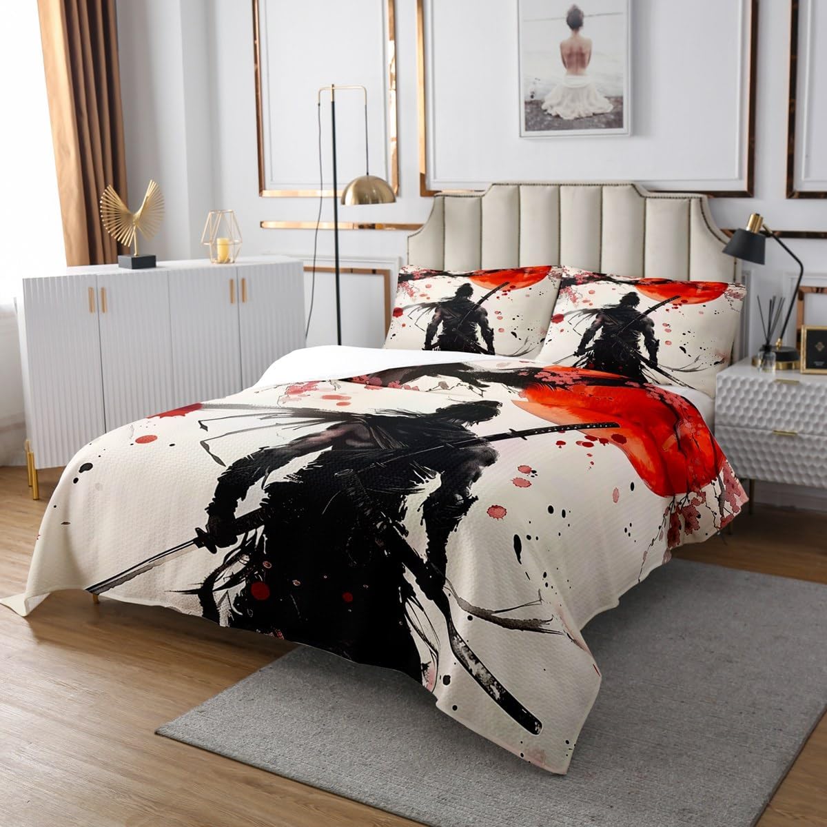 jejeloiu Samurai Bedspread Sunset Bedspread for Kids Boys Girls Fuji Mountain Coverlet Set Cherry Blossom Quilted Bedroom Collection 3Pcs Queen Size