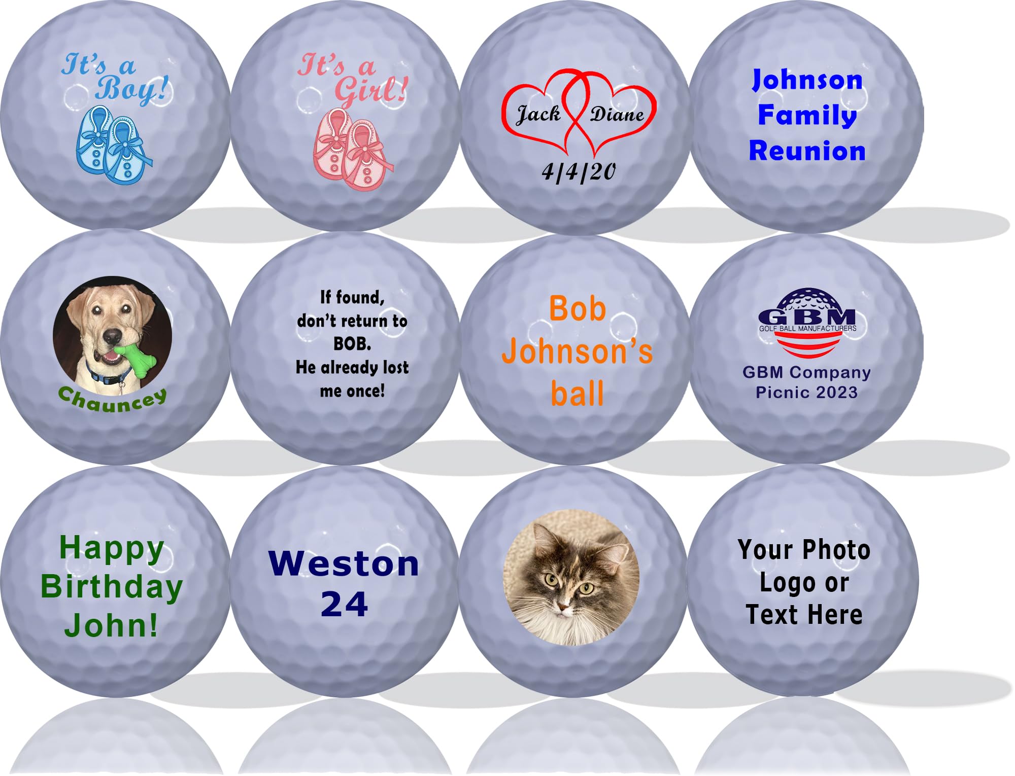 GBM White Personalized Golf Balls – Add Photo Logo or Text for Parties, Events & Short Game Play, Unique Gift Idea for Golfers