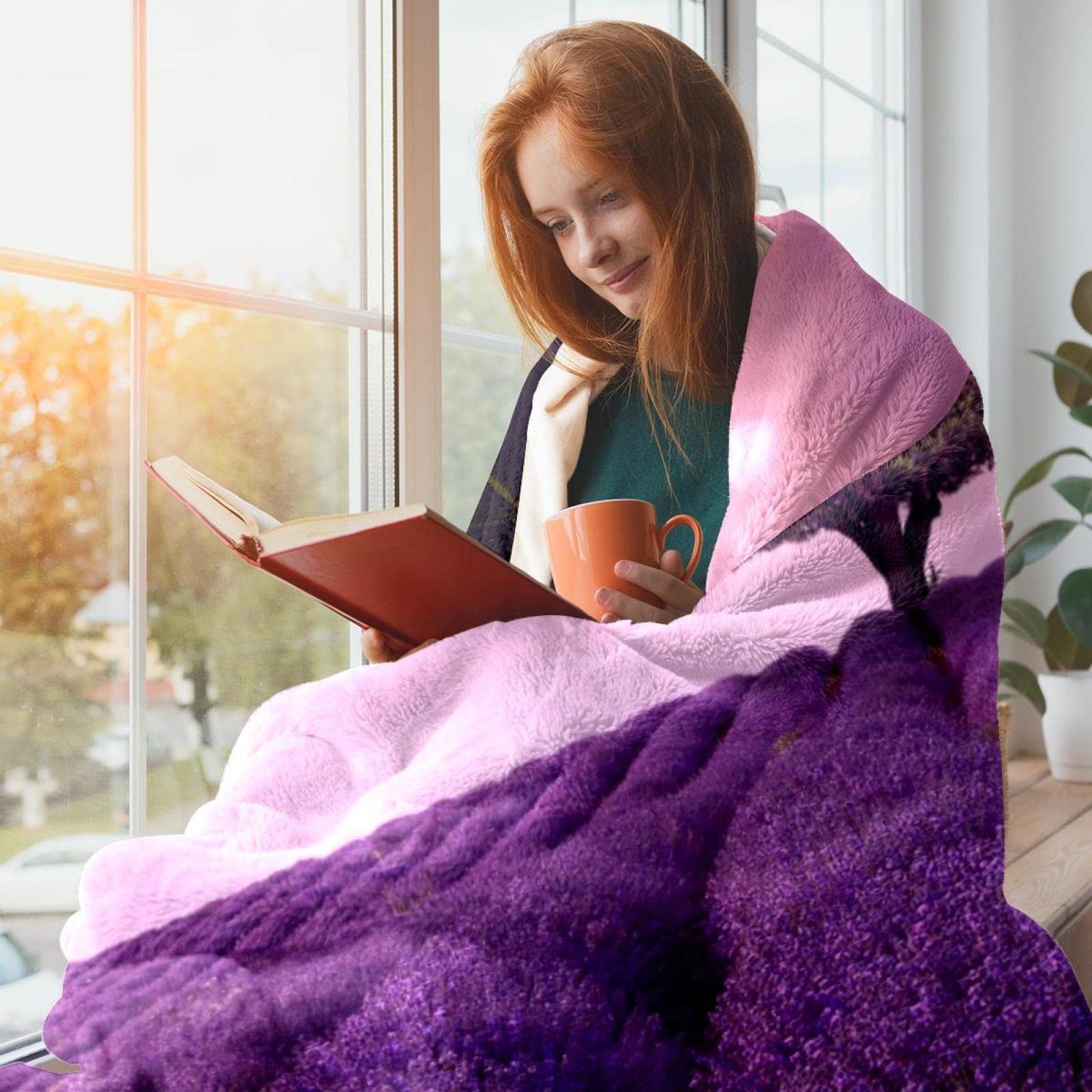 Coperta in pile per divano, divano o letto, con fiori viola lavanda