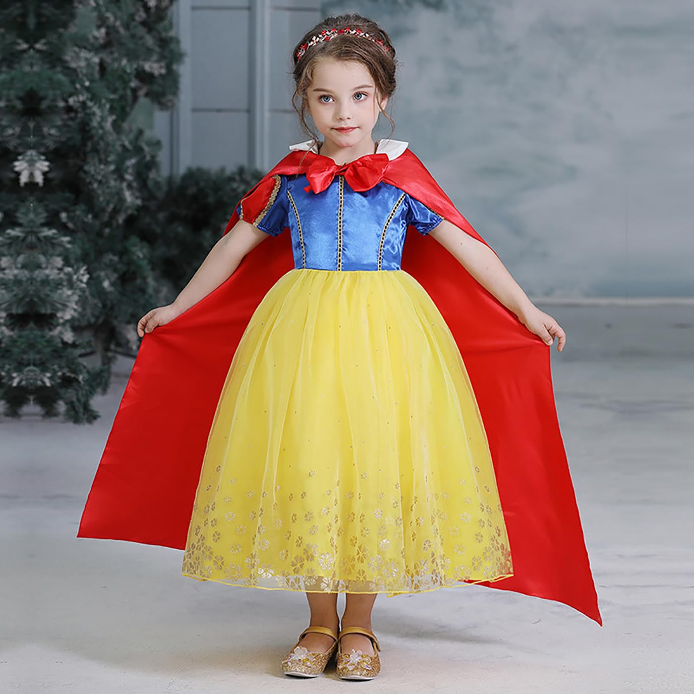 Kosplay Ragazza Vestito da Principessa con Mantellina e Cerchietto Abito da Principessa Costume da Fiaba Abito da Sera Compleanno Natale Festa Halloween Carnevale Fantasia Cosplay Giallo 120