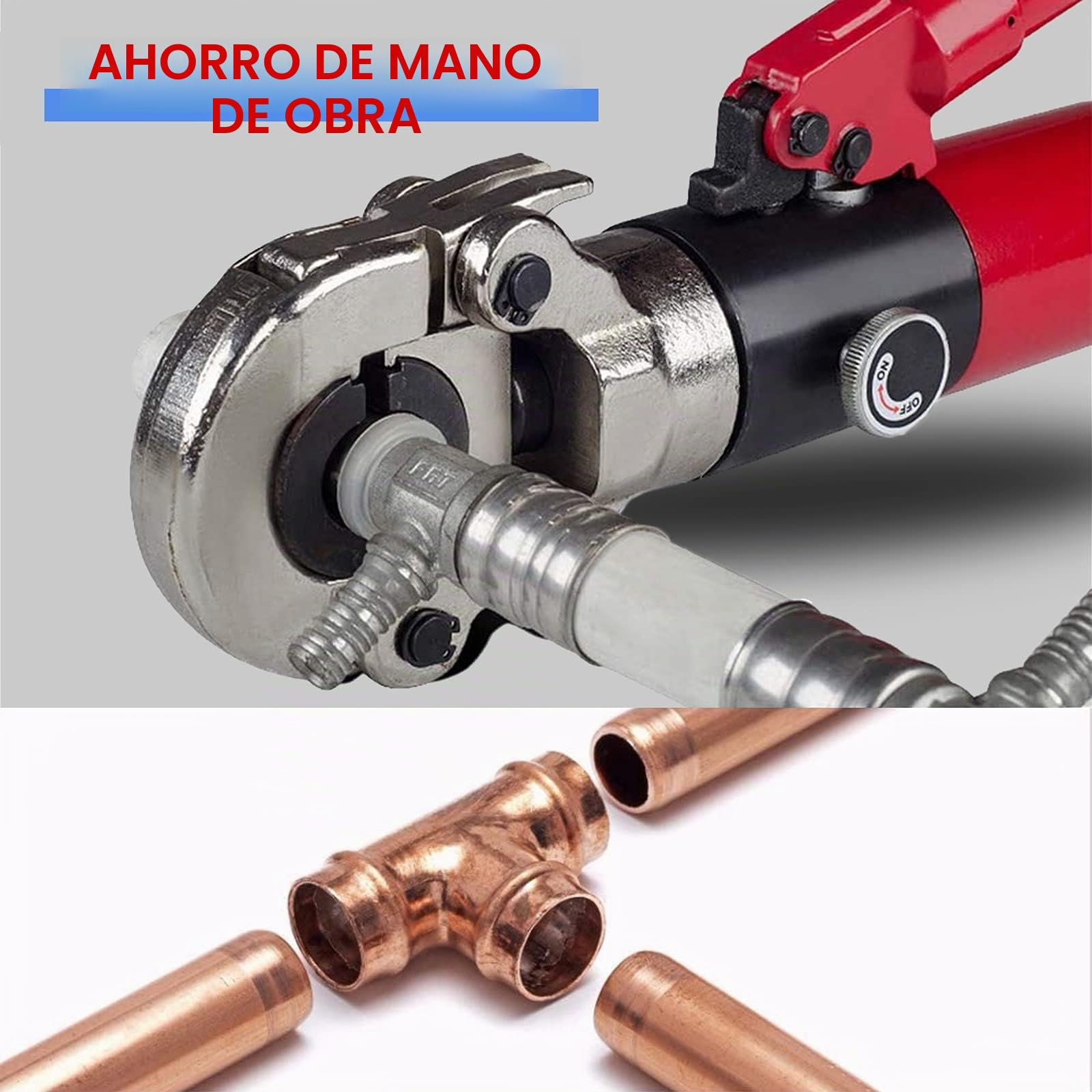 Herramienta hidráulica de prensado de tubos de cobre, accesorios de tubería de cobre, herramienta de crimpado y fontanería con troqueles de crimpado mordaza de 1/2", 3/4", 1" (rojo)