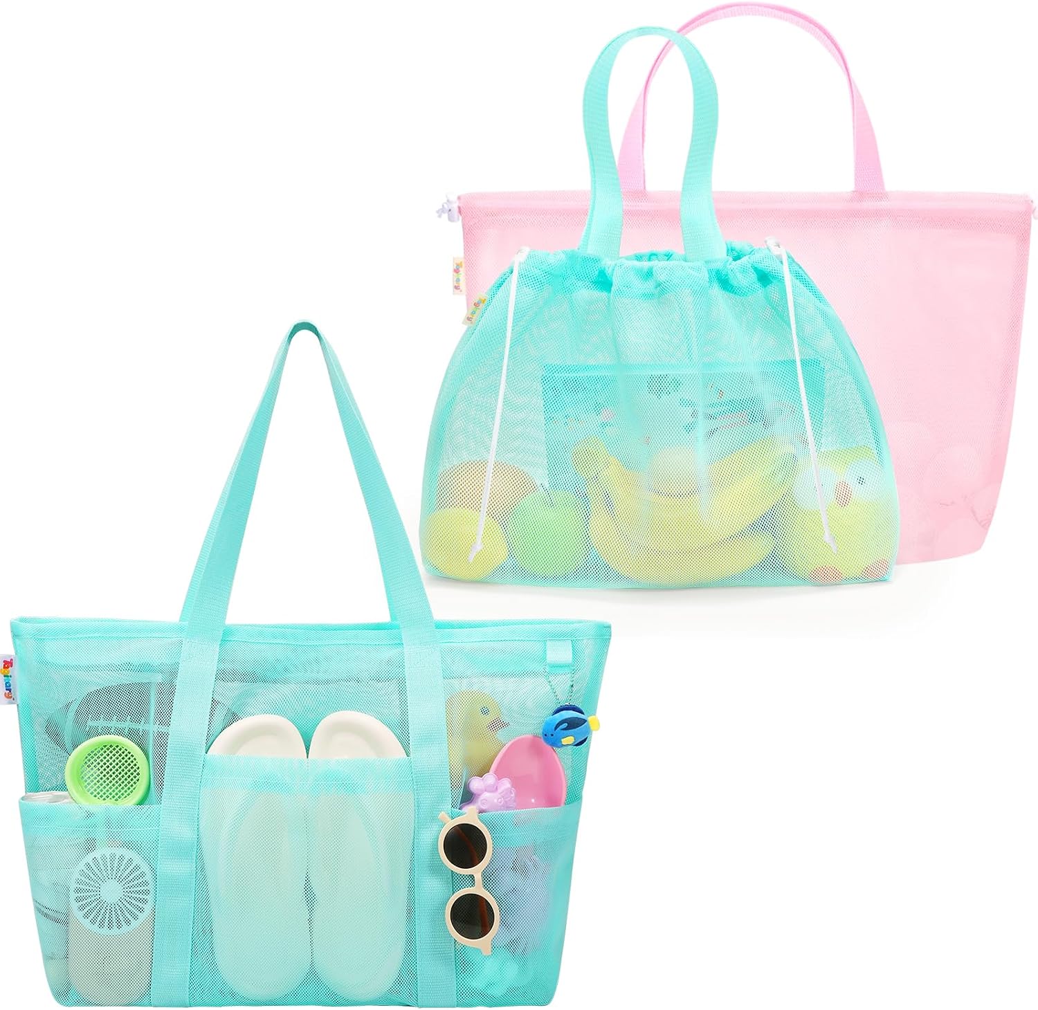 Tagitary Large Mesh Beach Bag with Zipper and Kids Beach Bag with Drawstring (3 PCS), Beach Tote Waterproof Sandproof for Dance Sports Pool Bag Vacation Essentials Lightweight Foldable