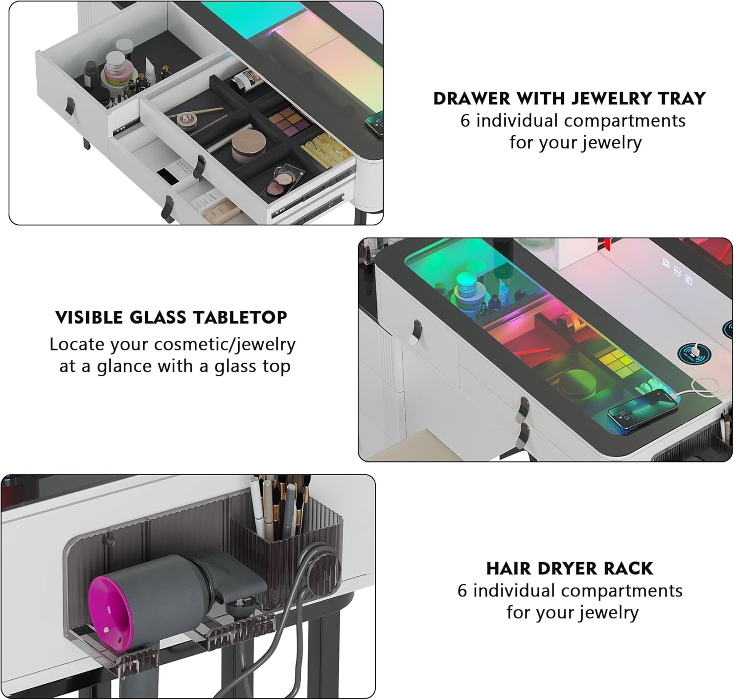 Gurexl RGB Vanity Desk with Wireless Charging Station,Vanity Table with Lights and Mirror,7 Dynamic and 7 Static Dimmable Vanity Set with USB-C,6 Drawer and Cushion Stool (RGB-White)