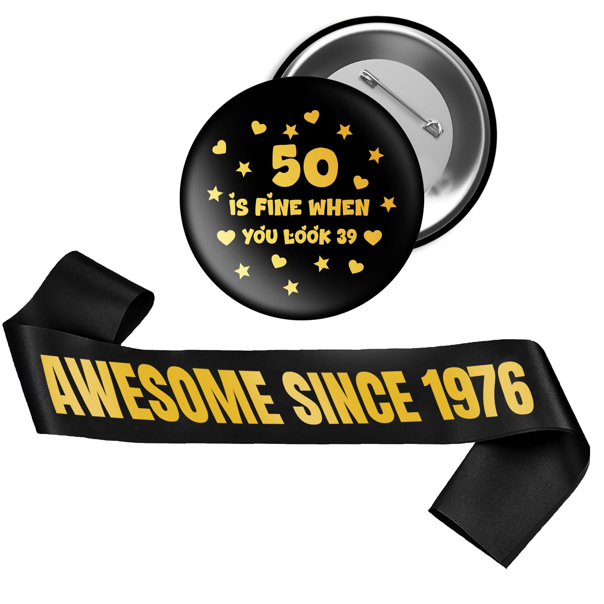 Yiiyyuuko 50th Birthday Decoration Sash Men - 2 PC Black Gold AWESOME SINCE 1976 Sash 50 Is Fine When You Took 39 to Perfection Badge for Boys Bday Party Supplies