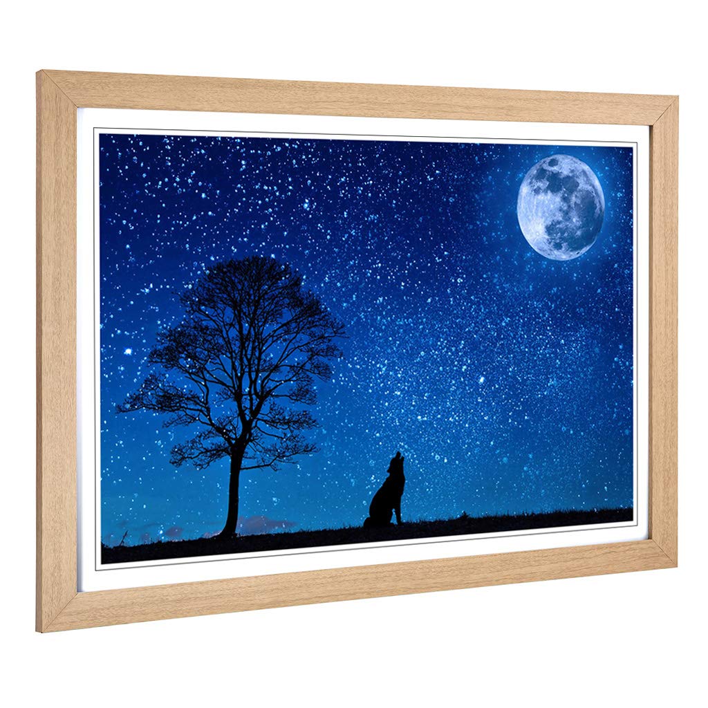 Big Box Art Framed Print of Wolf Howling at The Moon Design | Wall Art Picture | Home Decor for Kitchen, Living, Dining Room, Bedroom, Hallway, Office, Oak, A2 / 24.5x18 Inch / 62x45cm