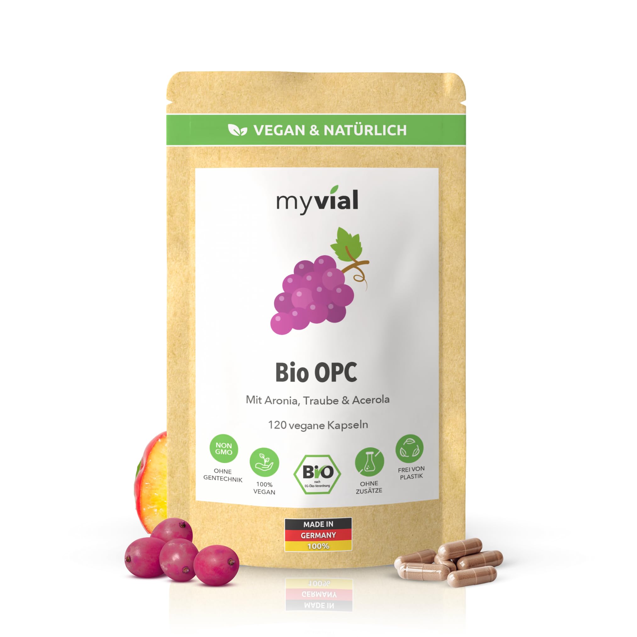 Bio OPC Traubenkern Aronia Kapseln – 120 Stück – Hochdosiert 400 mg – Mit natürlichem Vitamin C aus Acerola – Vegan & Laborgeprüft – Aus deutschen Weintrauben – Produziert in Deutschland