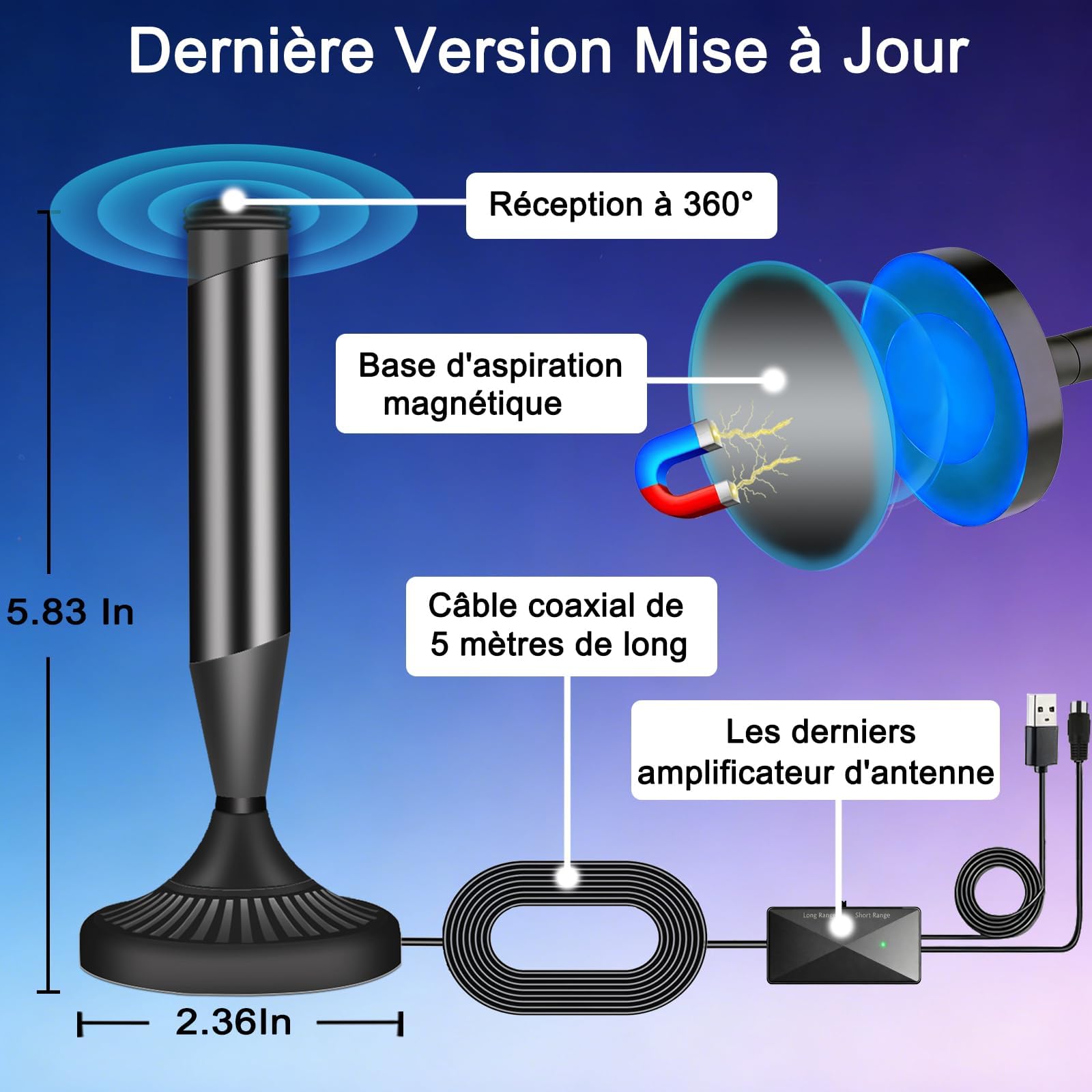 Antenne TV Intérieur Puissante avec Base Magnétique et Amplificateur, Compatible 4K 1080P pour Toutes Les Chaînes Gratuites TNT, Câble Coaxial 5m (Black-410)