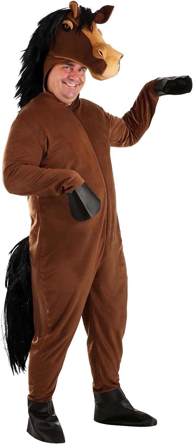 Plus Size Horse Costume for Adults - Hooded Jumpsuit with Stuffed Horse Head and Tail - Image 2