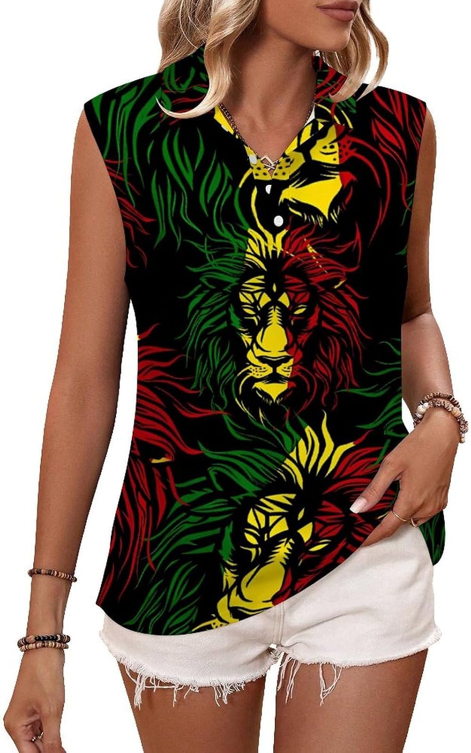 African Lion Rasta Jamaica Women's Golf Shirt Sleeveless Polo Shirts Tank Tops Blouses Tennis T-Shirts Casual