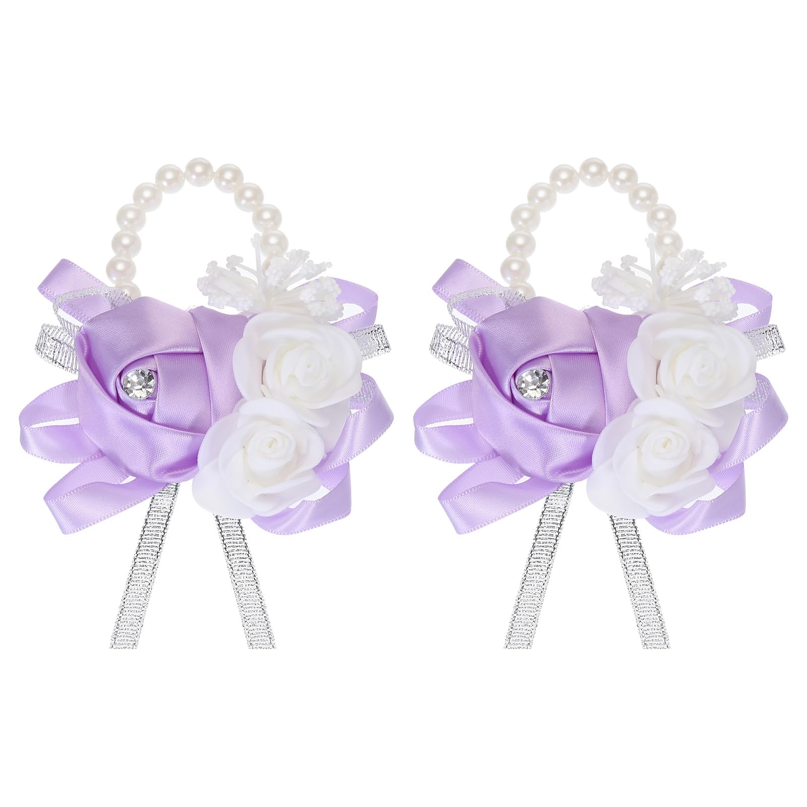 sourcing map Wrist Corsage Artificial Flower Bracelets Pack of 2 Rose Wrist Bride Groom Decorative for Wedding Ceremony Prom Party Anniversary Light Purple