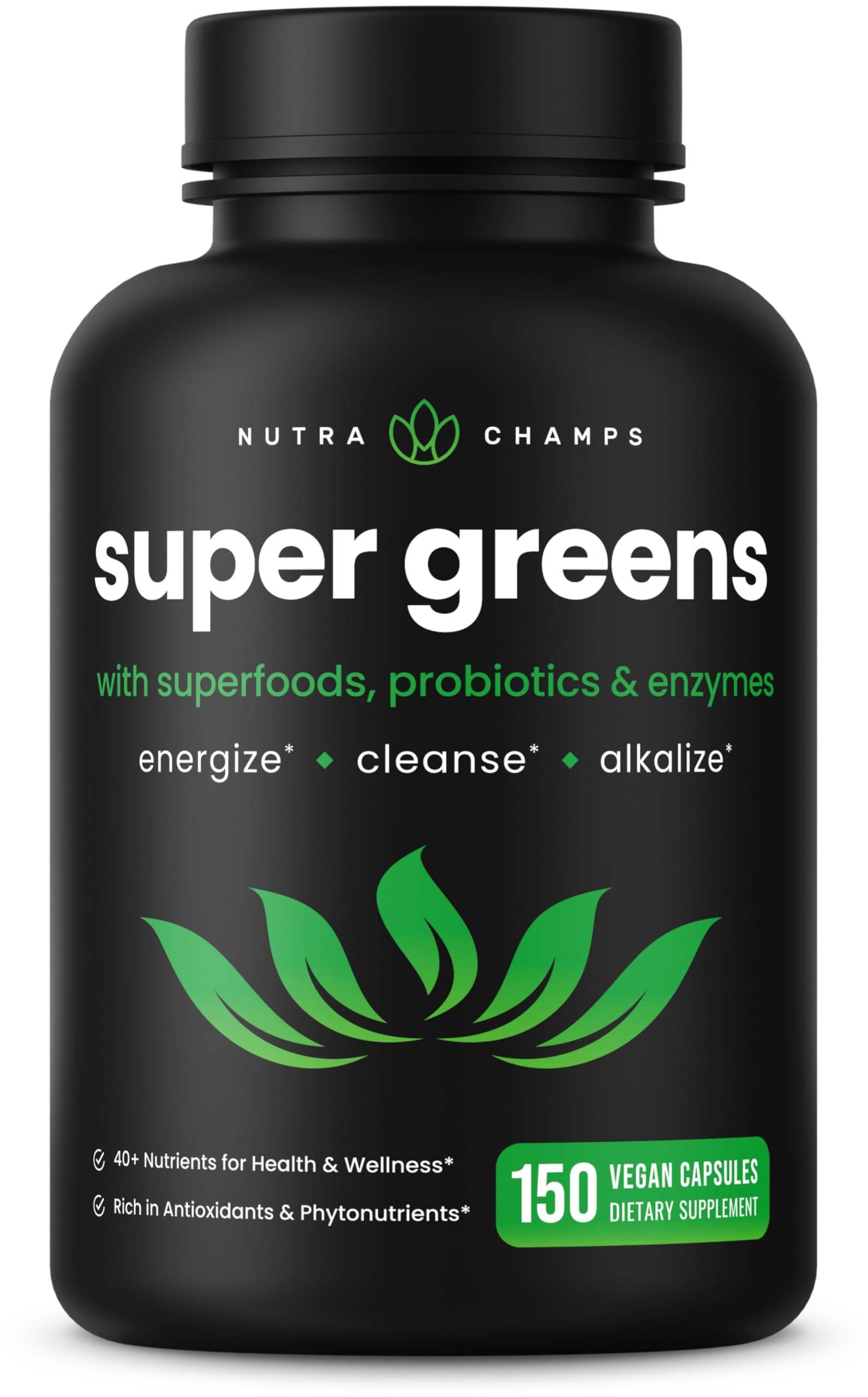 NutraChampsOrganic Super Greens Capsules - Alfalfa, Spirulina, Chlorella & More - Antioxidant, Digestive Enzyme & Probiotic Blends - 150 Green Superfood Capsules