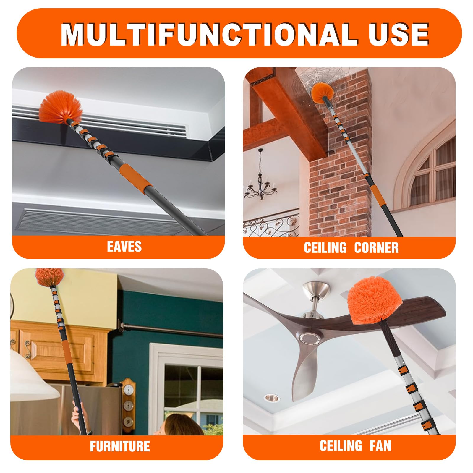 SISUPASSIE Pluma Extensible 7,2m, Cepillo Profesional para Telarañas con Mango Largo, Limpiador Lavable para Altos Techos y Tejados