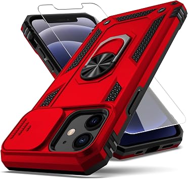 for iPhone 12 Case,with Camera Lens Cover HD Screen Protector,[Military Grade] Ring Car Mount Kickstand Hybrid Hard PC Soft TPU Shockproof Protective Case for iPhone 12, Red