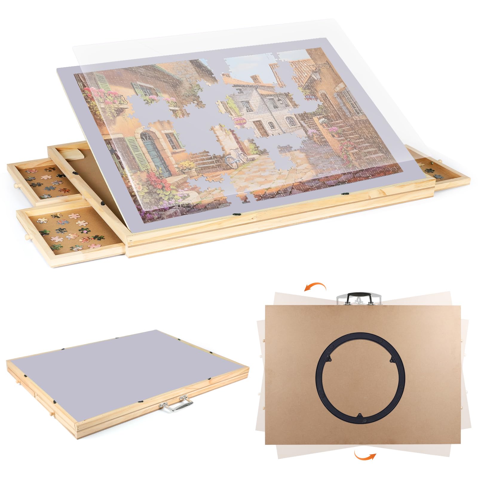 Ruication Jigsaw Puzzle Board Portable Folding Tilting Jigsaw Board With Cover 360 Degree Rotating Non-Slip Surface Felt Mat for 1000 pieces 4 Sliding Drawers Storage Jigsaw Table For Adults Gift