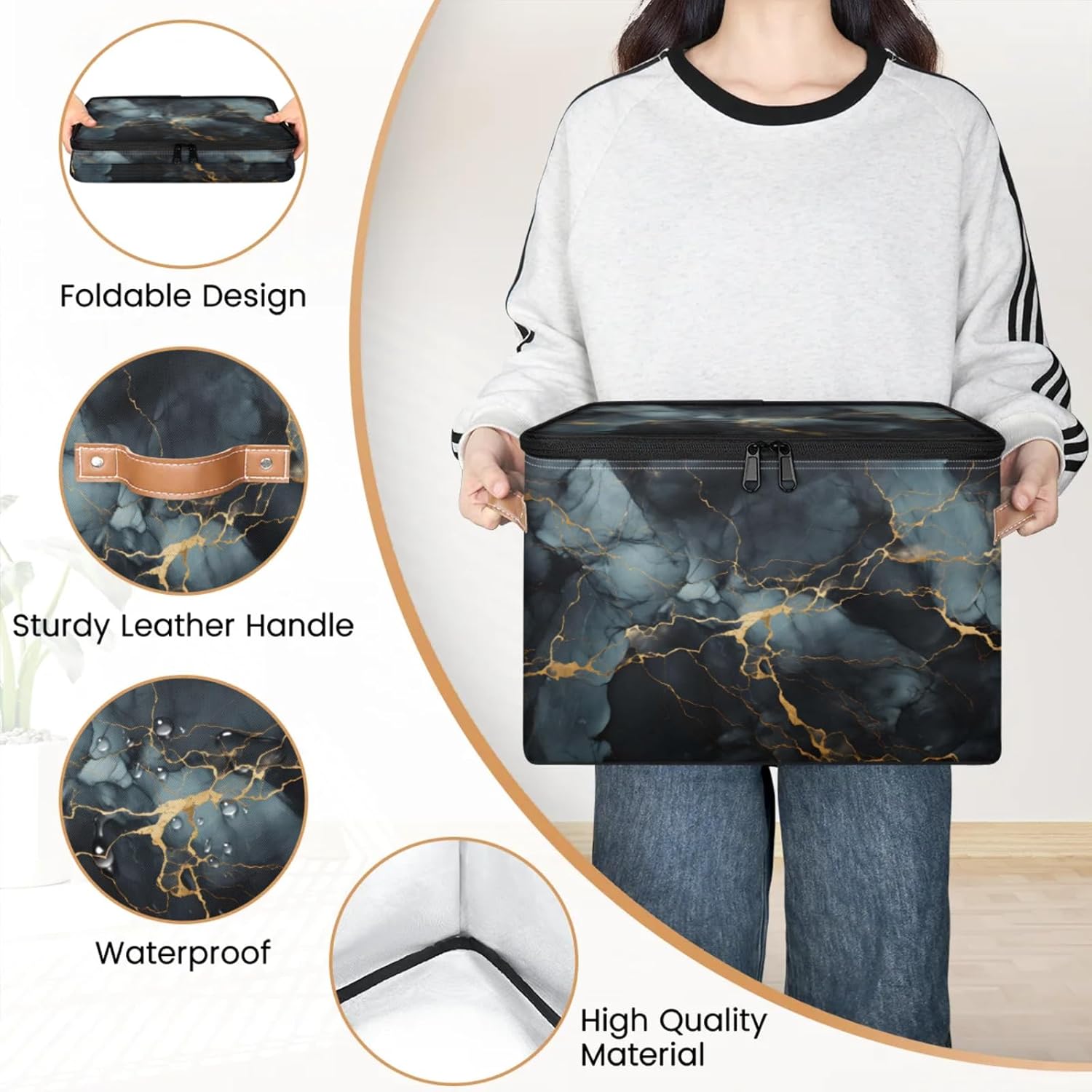 Storage Bin Set of 2 Black Marble Storage Basket with Zipper Lid & Handle Foldable Closet Shelf 2 Pack Cloth Organizer Basket Cube Bins Clothes Organizer for Nursery, Bedroom