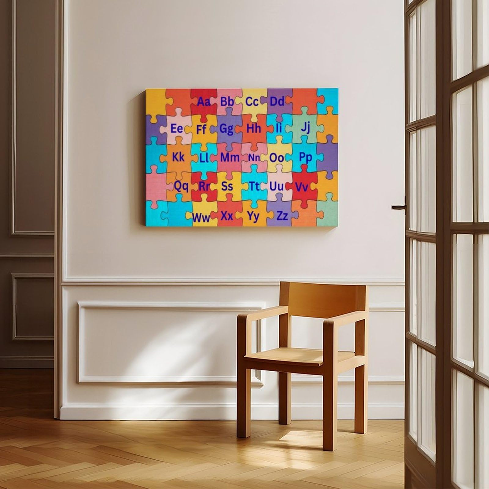 Décoration éducative en forme de lettres de l'alphabet pour enfants dans un puzzle - Poster sur toile - Décoration de chambre à coucher, bureau, chambre - Cadeau - 40 x 60 cm