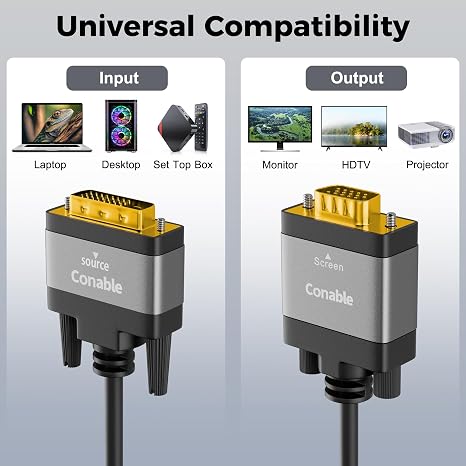 DVI to VGA Cable 4 FT, Uni-Directional DVI-D 24+1 to VGA Cord, Aluminum