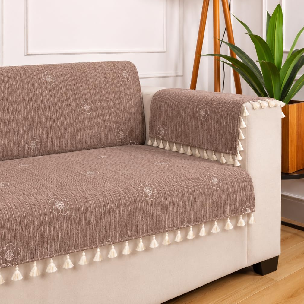STITCHNEST Artisoul Series Chenille Sofa Cover 3+1+1 Seater Fully Covered with 6 Hand Rest Covers | Premium Heavy Fabric, Washable & Fade Resistant |Beige Sofa Protector with Tassels | 5 Seater