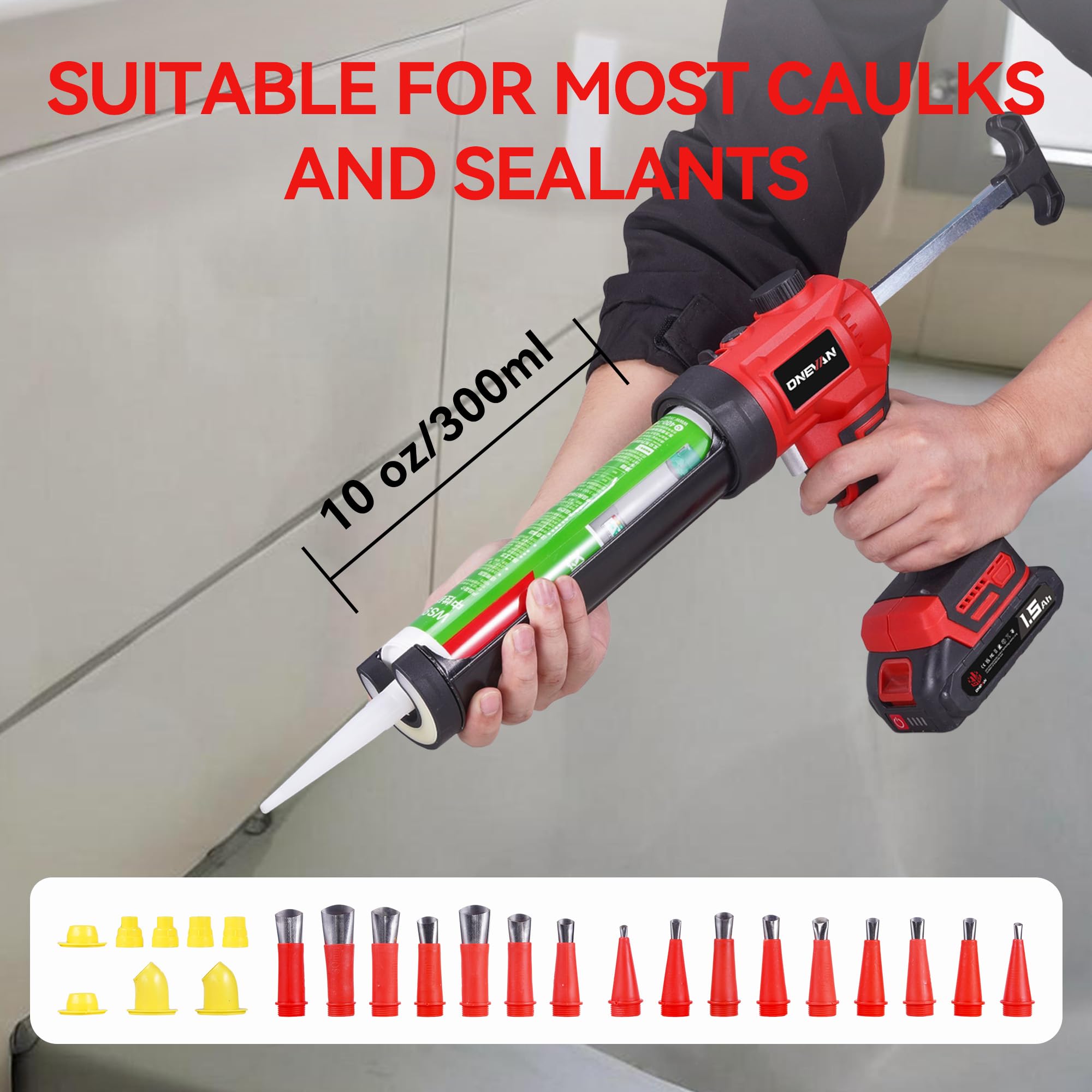 ONEVAN Pistolet à Cartouche sans Fil, Pistolet à Silicone Électrique 300ml, Contrôle de Vitesse Variable & Lampe LED, 24 Buses, 2x1,5Ah Batteries, pour Travaux d'Étanchéité, Mastics (Rouge)