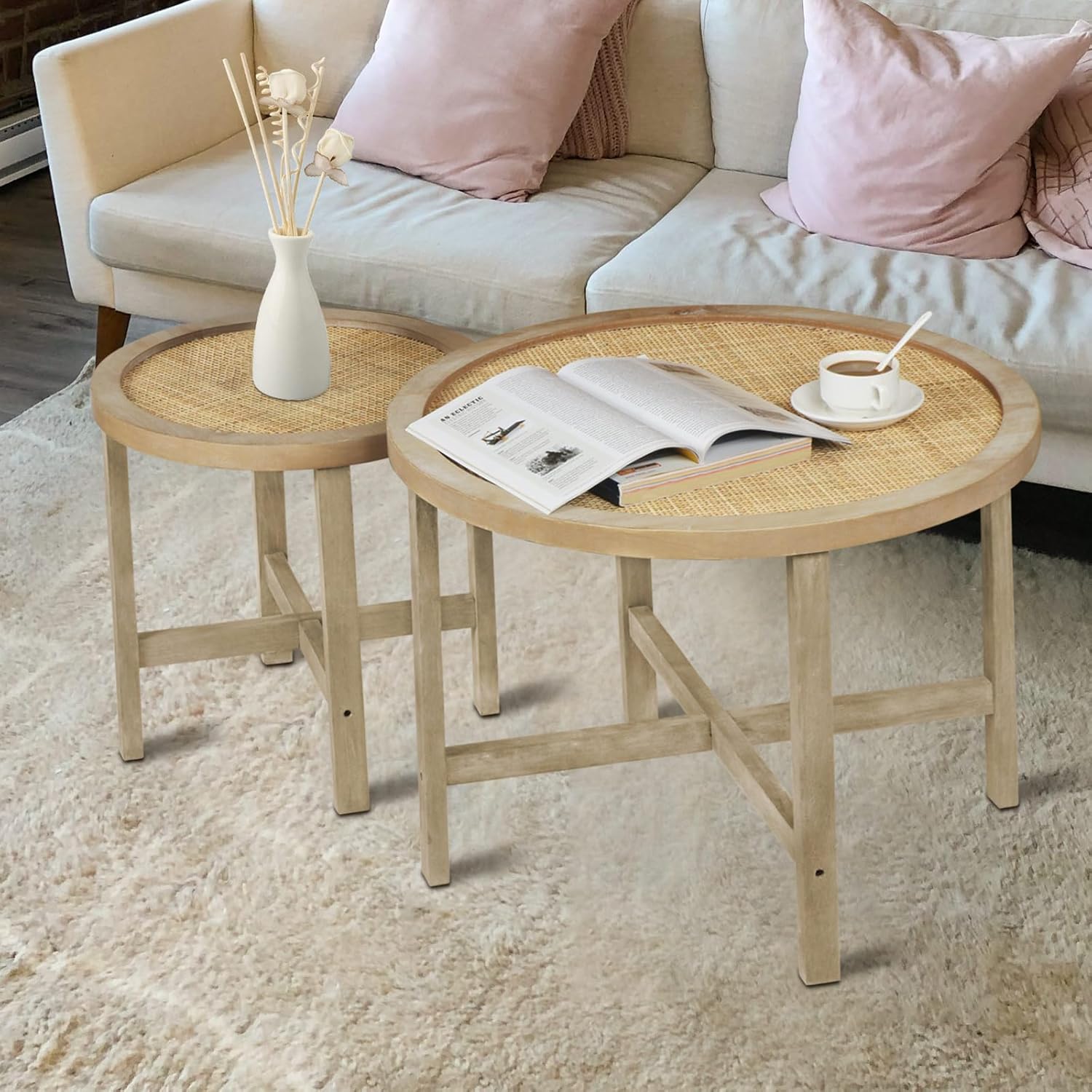 Giluta Rattan Nesting Coffee Table Set of 2, Boho Farmhouse Round End ...