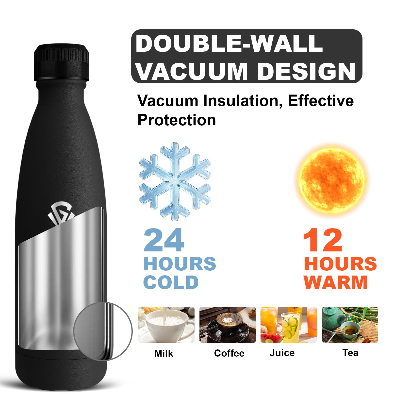 Botella Agua Acero Inoxidable, 500ml Botella Termica, sin BPA, Cantimplora Infantil, A Prueba de Fugas, Termo Cafe, Mantiene 24H Frio/12H Calor, Aislamiento al Vacío, para Agua, Café, Té