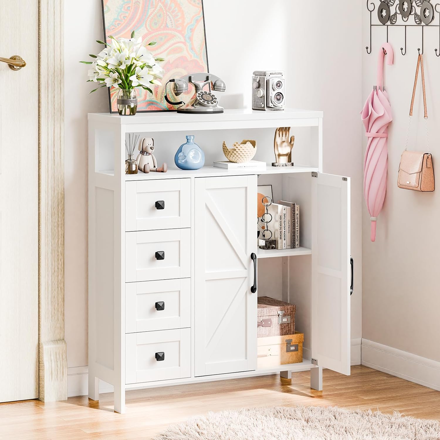 Vabches Farmhouse Storage Cabinet with 2 Doors and 4 Drawers, Freestanding Bathroom Compartment Kitchen Pantry Cabinet, Floor Cupboard for Kitchen/Living Room/Bathroom,White