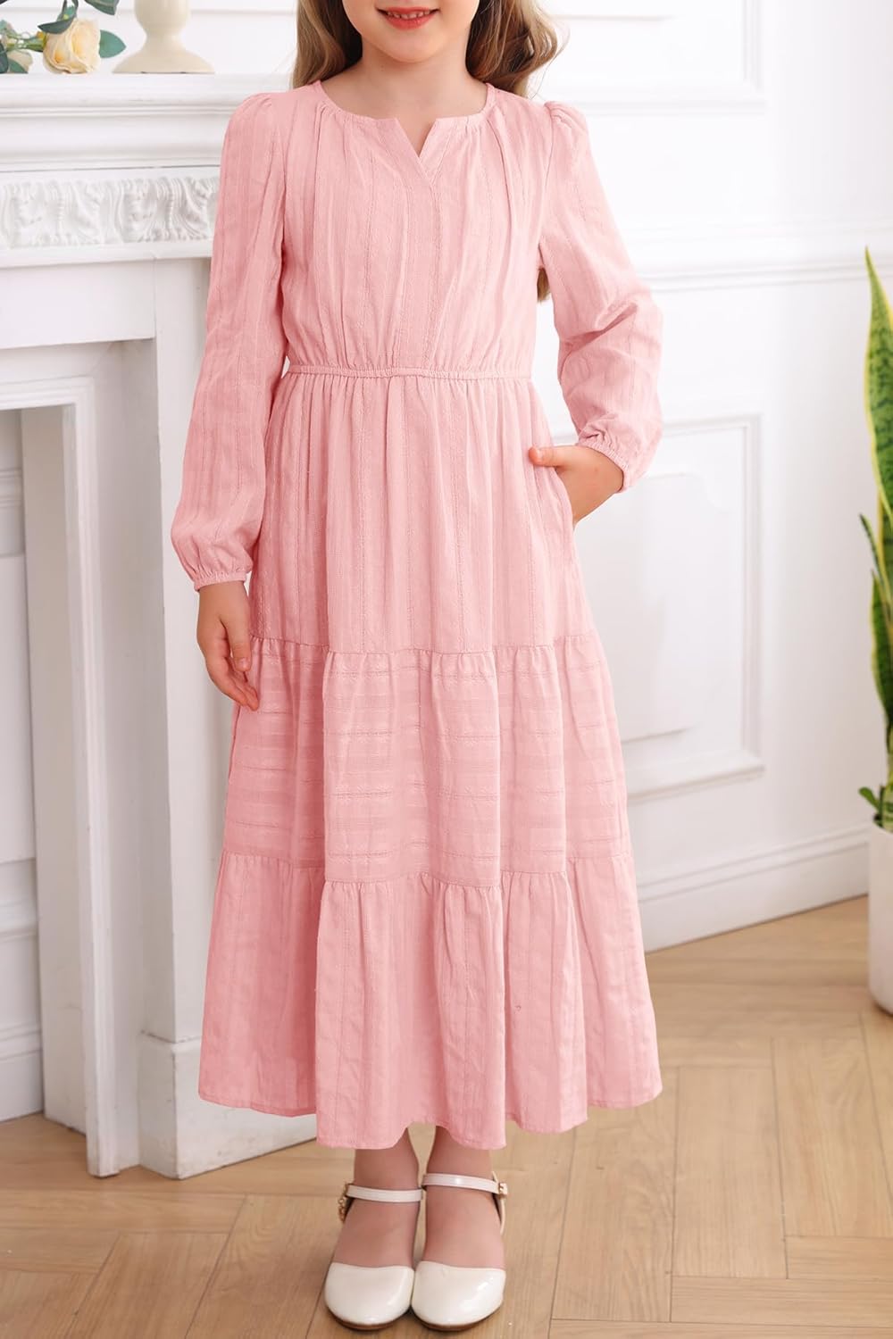 HOSIKA Girls Long Sleeve Dress V Neck Elastic Waist Tiered Flowy A-line Fall Maxi Dresses with Pockets for 6-12 Y - Image 3
