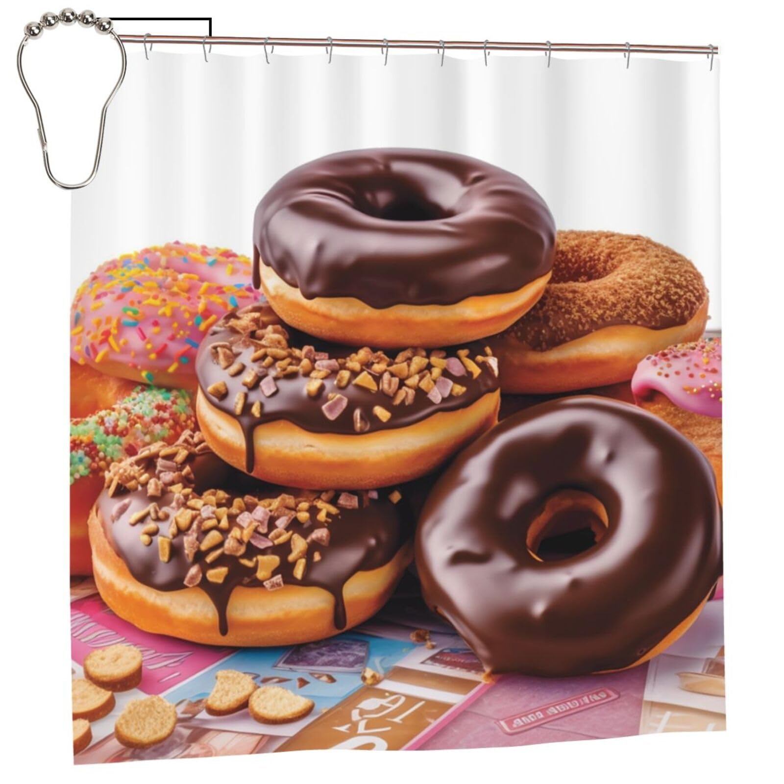 Rideau de douche donuts imperméable épais lavable marron chocolat avec 12 anneaux de fixation