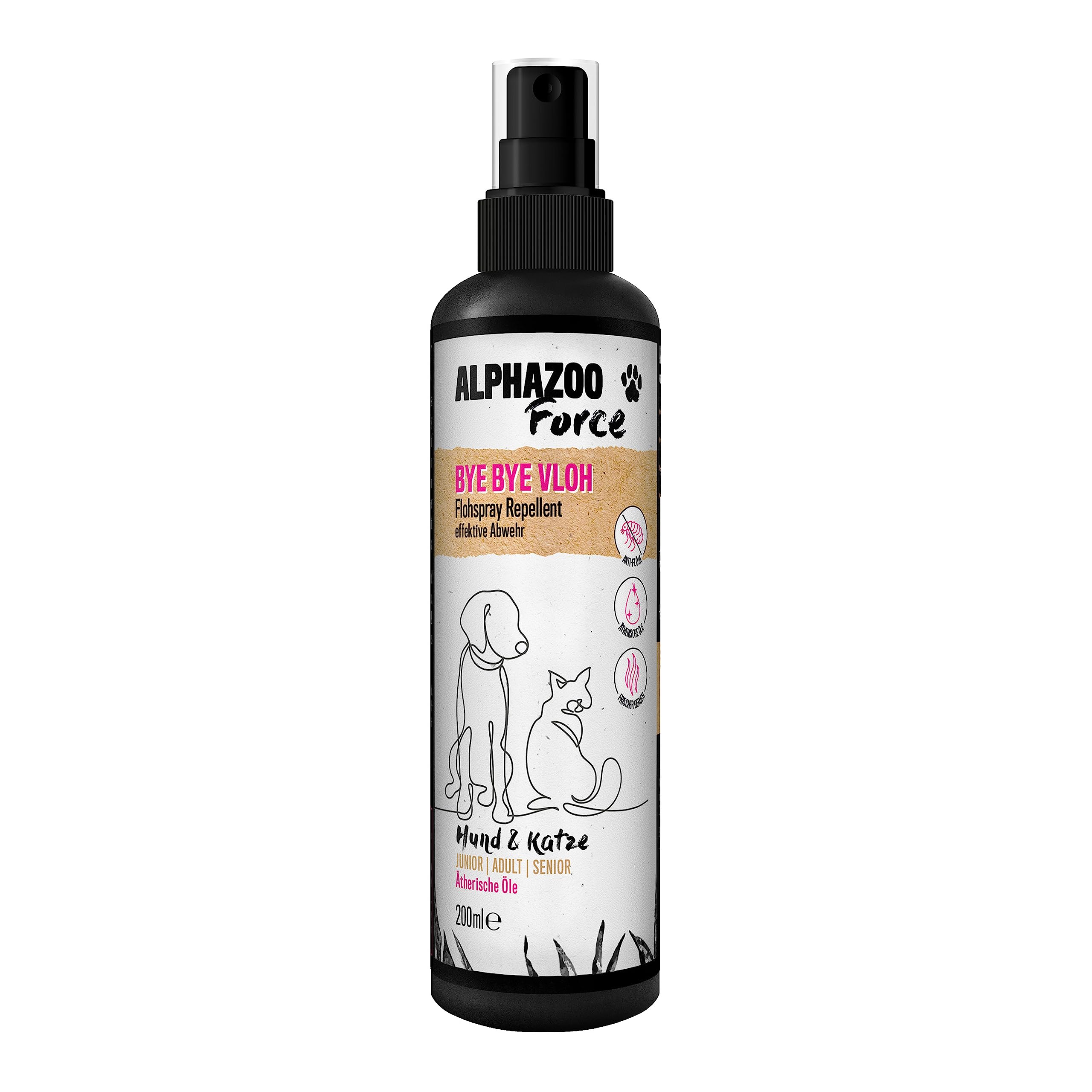 alphazoo Anti Pulgas Spray 200ml, ByeByeVloh para Perros Gatos Caballos, Tratamiento antipulgas Natural con Efecto inmediato, Protección antipulgas de Larga duración contra pulgas, piojos y parásitos
