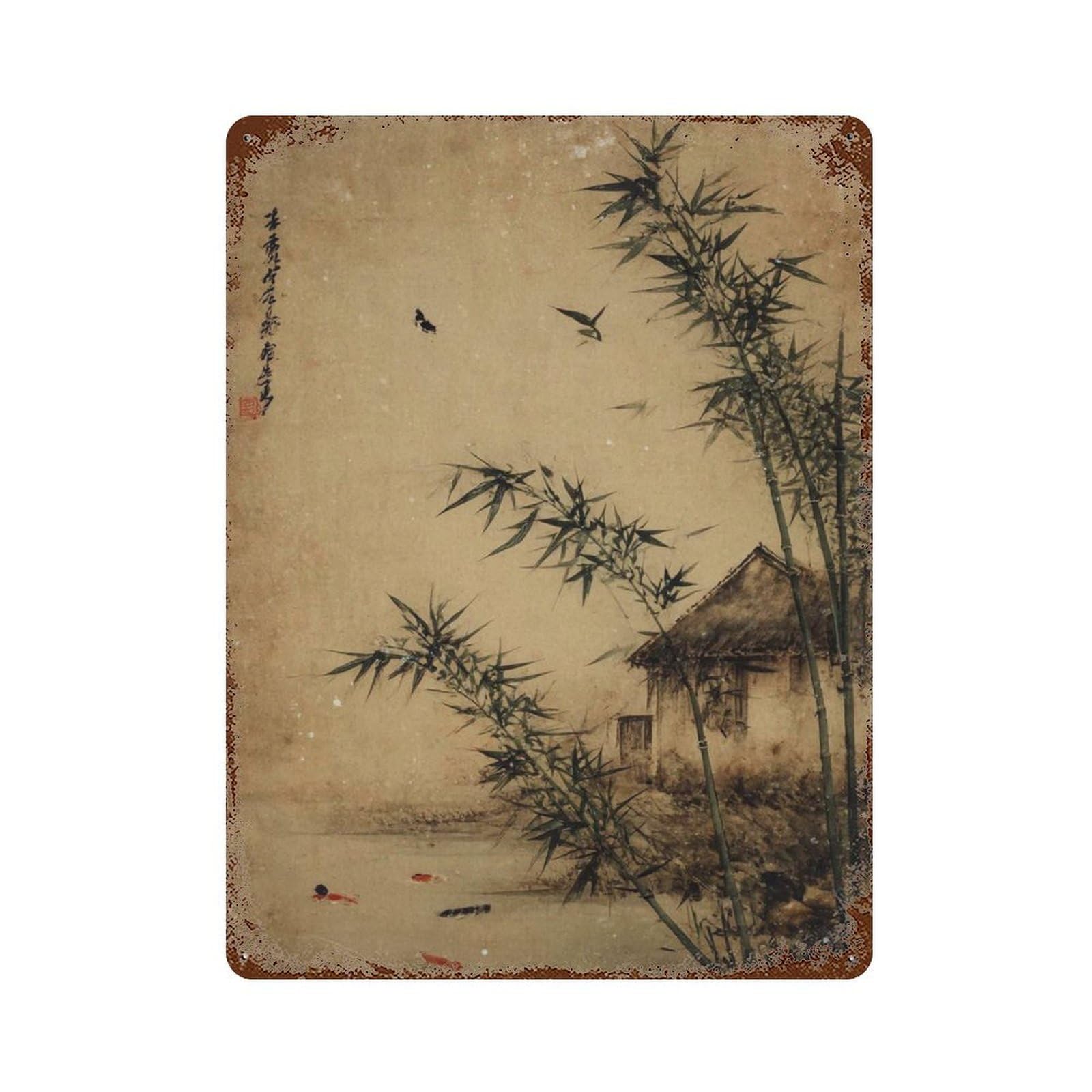 xiaoxiaoshen Japanese Garden Bamboo And Koi Pond Traditional Ink Wash Zen Nature Scene Asian Wall Decor Art Metal Tin Poster Modern Home Decor Art Home Bar Shop Decorations Vintage Sign 40x30cm