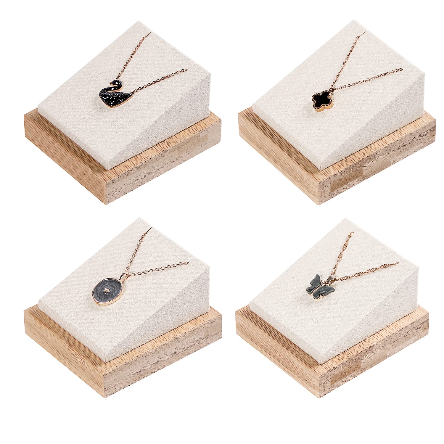 Coward 4Pcs Bamboo Necklace Holder Organizer Pendant Jewelry Dispaly Stand for Selling Pandent Rack for Home Bedroom Drawer (Beige Velvet)