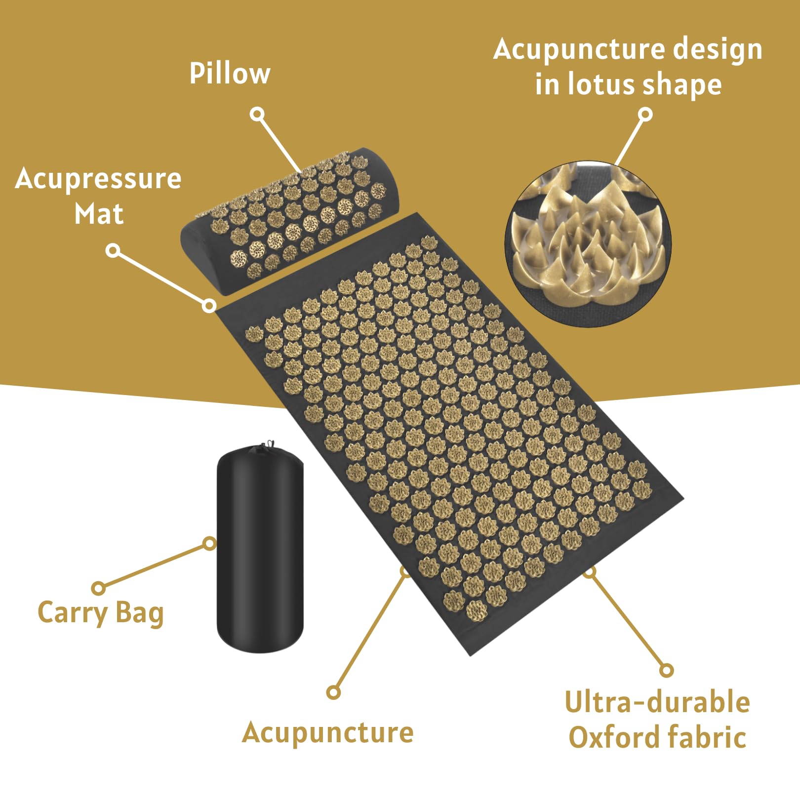 Schwarz-Gold Lotus Design Akupressur Gesundheitsset - Hochwertiges Akupressur-Matte und Kissen Set für natürliche Entspannung und Schmerzlinderung