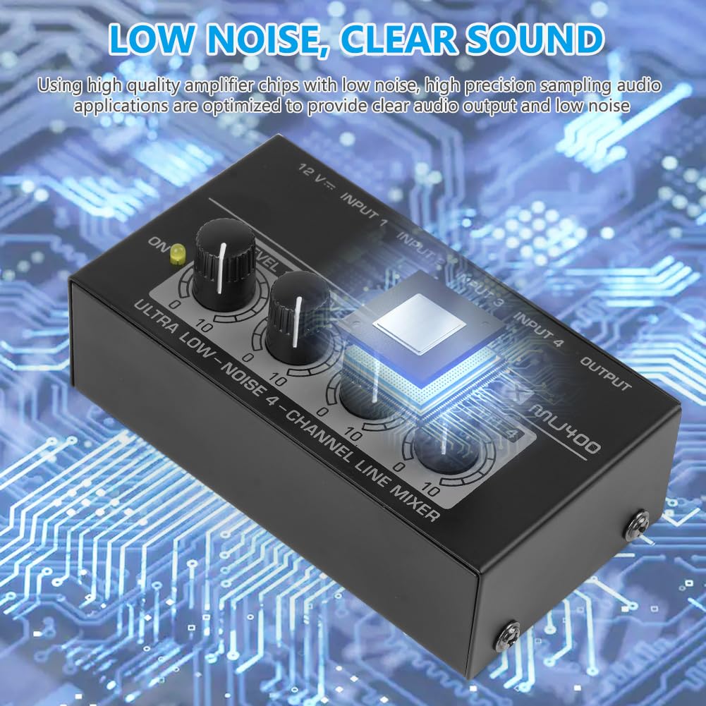 OFFCUP Mixer Audio, 4 Canali Mini Mixer Audio, Audio Mixer Portatile 4in1out, Mixer Basso Rumore per Microfoni Chitarre Bassi Tastiere e Mixer di Palco -Nero