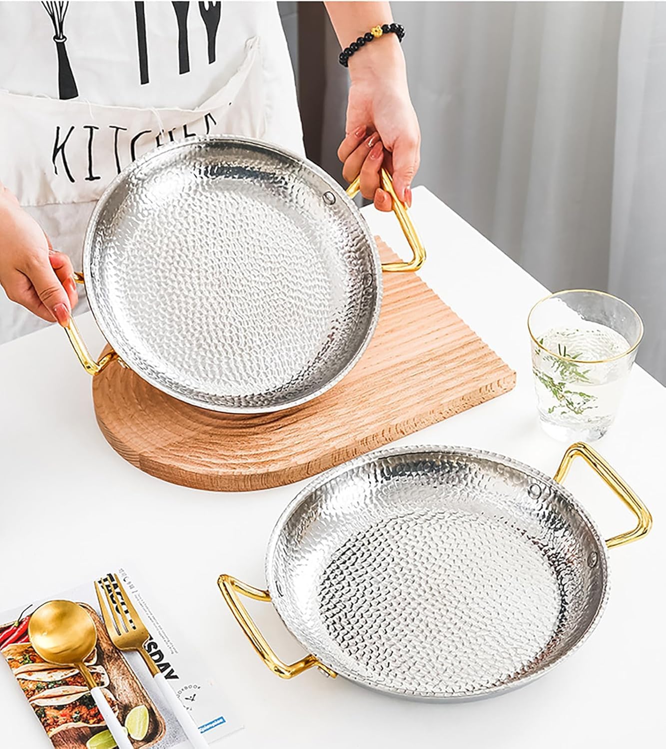 Paellera Española De Doble Asa, Paellera De Hierro Fundido Antiadherente, Sartén De Acero Inoxidable 304 Grueso Antiescaldaduras para Paella, Plato para Aperitivos. Silver 30CM
