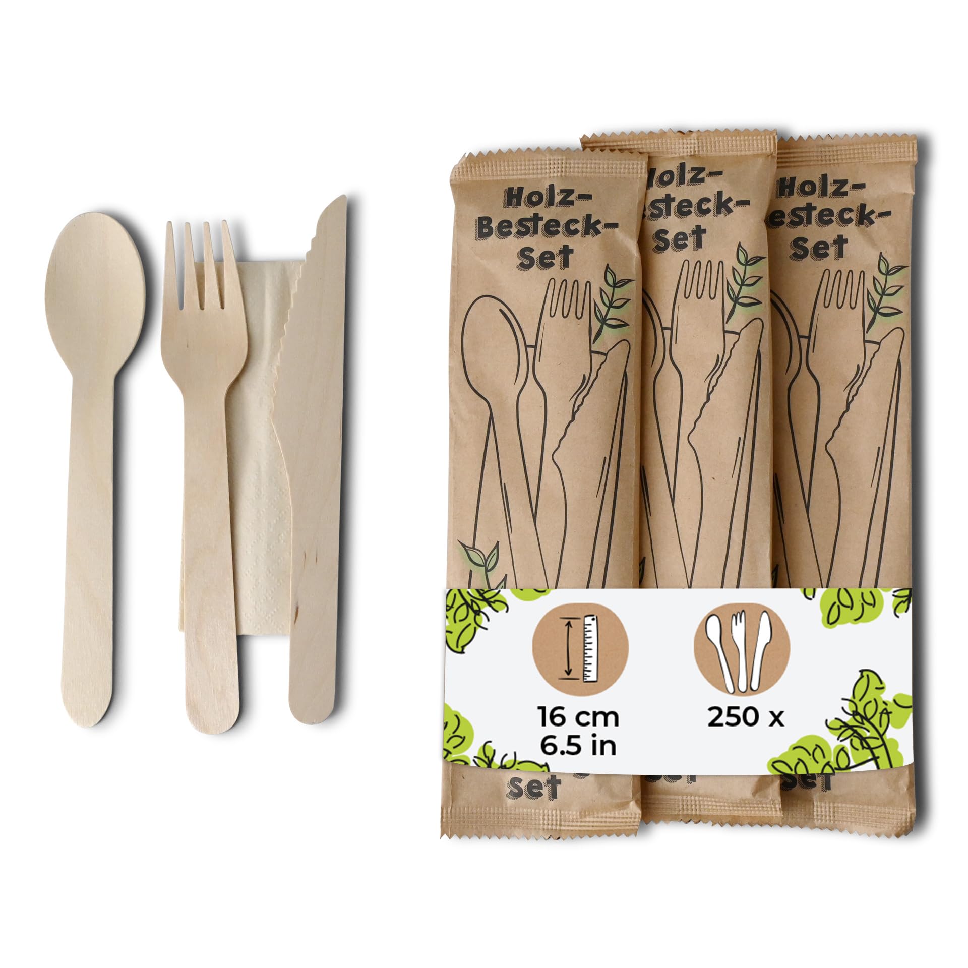 BIOZOYG Besteckset 250 Stück Holzbesteck - Holzgabel, Messer, Löffel & Teelöffel - Einwegbesteck für kalte und warme Speisen - Party Besteck - FSC Zertifiziert, für Mahlzeiten im Freien