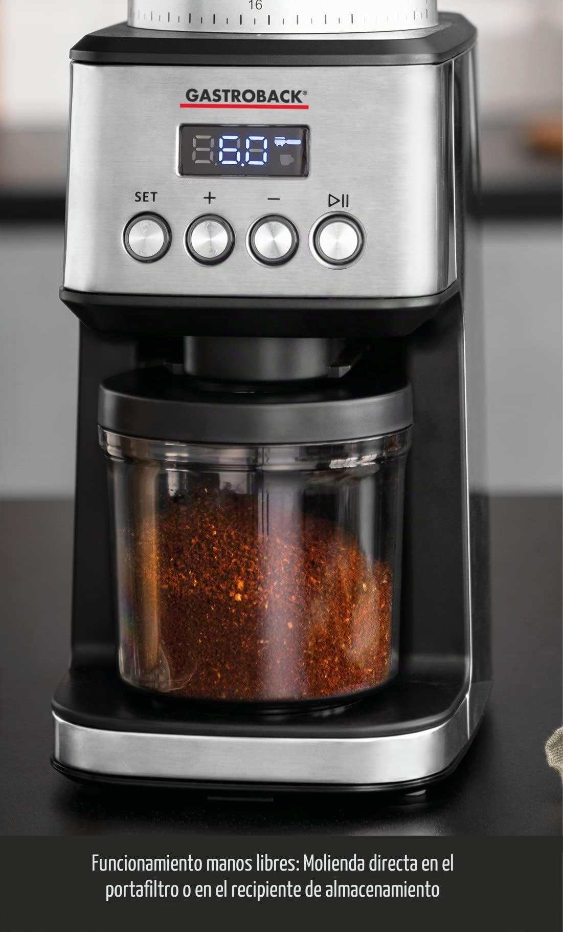GASTROBACK Molinillo de café digital de diseño #42643, 31 ajustes de grado de molienda de fino a grueso, 2 modos automáticos: molienda directa en el portafiltros o en el depósito, plata/negro