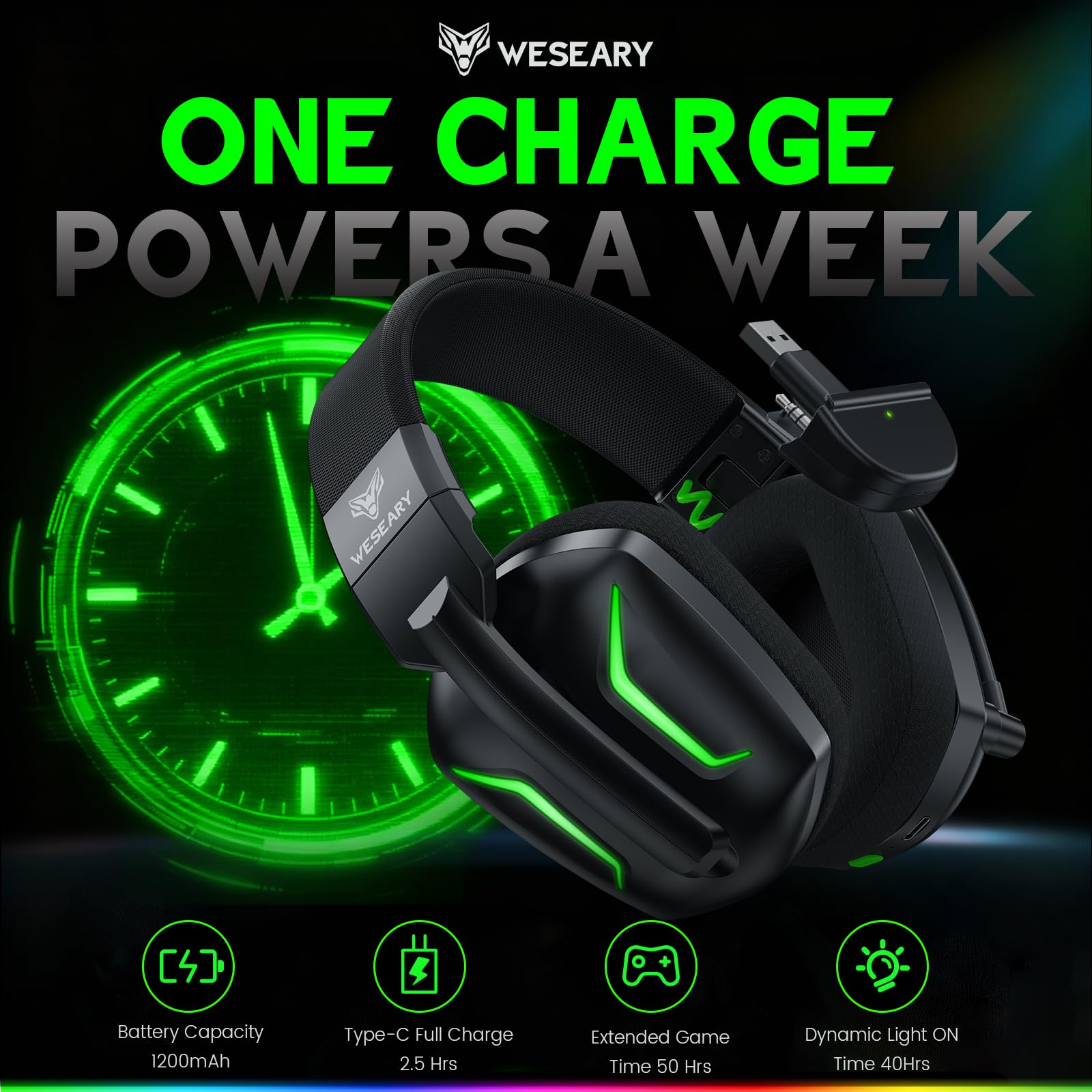 WESEARY WG1 Gaming Headset Wireless für Xbox Series X/S, Xbox One, PC, PS5, PS4, Switch, Mac, 2,4GHz Wireless & Bluetooth Headset mit Mikrofon, Low Latency, Noise Cancelling, LED Light, 50h Akku