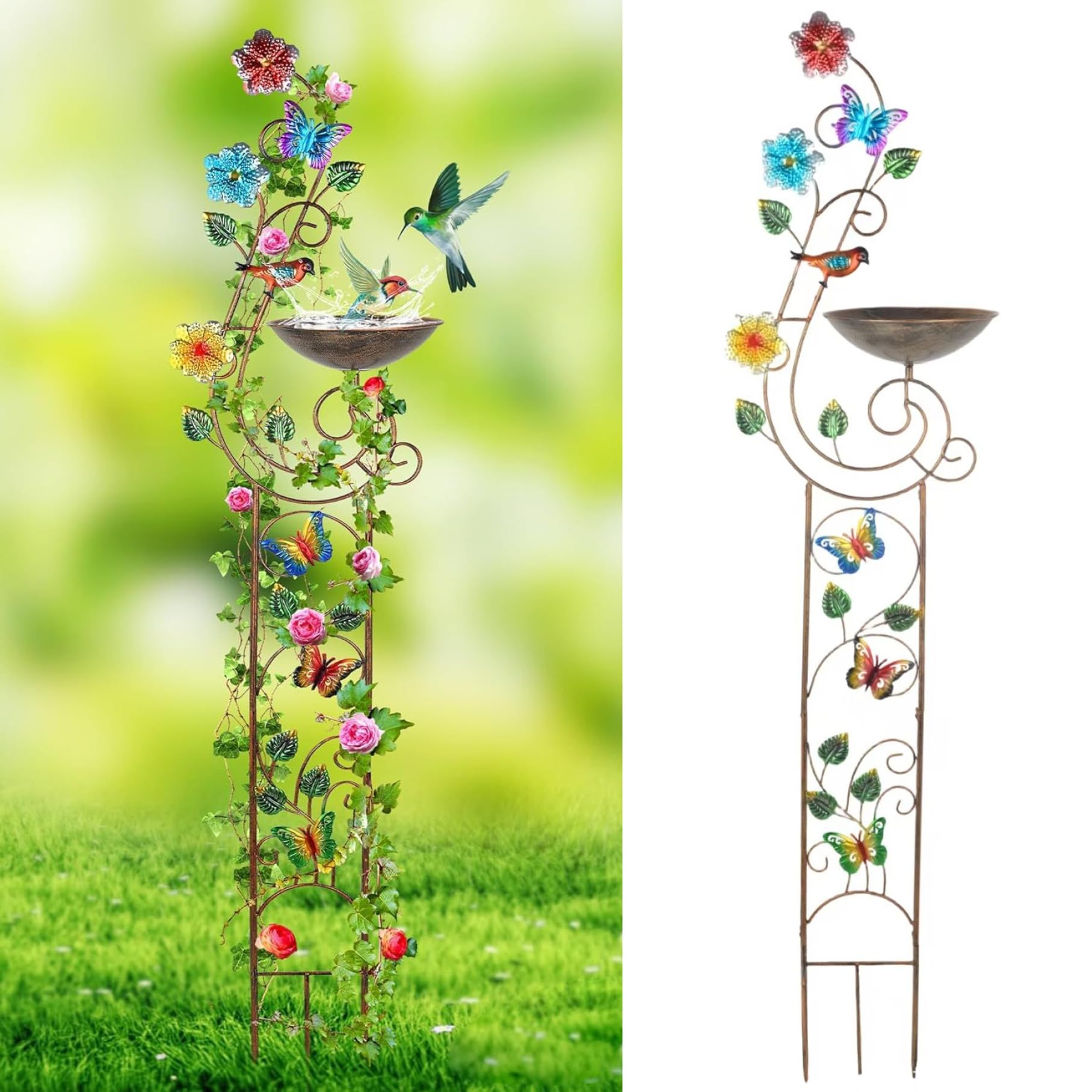 Bain d'oiseaux vintage en métal et tuteur pour plantes grimpantes