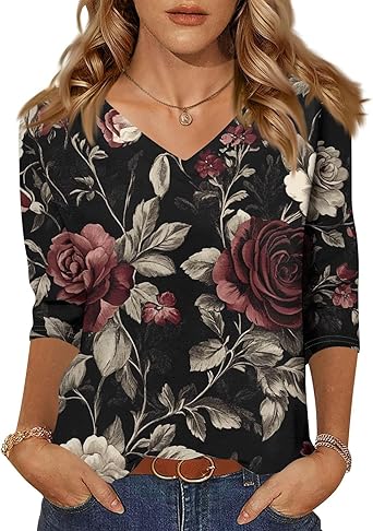 HTHLVMD Womens 3/4 Length Sleeve Tunic Tops Summer Fall Outfits 2025 Three Quarter Sleeve Casual V Neck T Shirts for Women