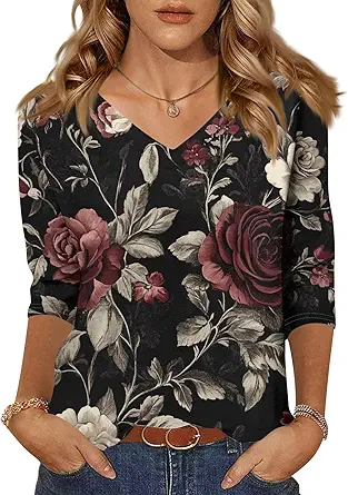 HTHLVMD Womens 3/4 Length Sleeve Tunic Tops Summer Fall Outfits 2025 Three Quarter Sleeve Casual V Neck T Shirts for Women