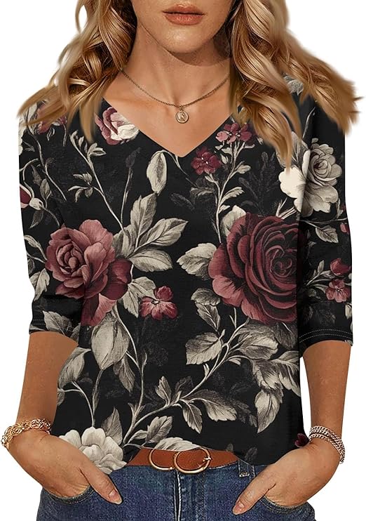 HTHLVMD Womens 3/4 Length Sleeve Tunic Tops Summer Fall Outfits 2025 Three Quarter Sleeve Casual V Neck T Shirts for Women