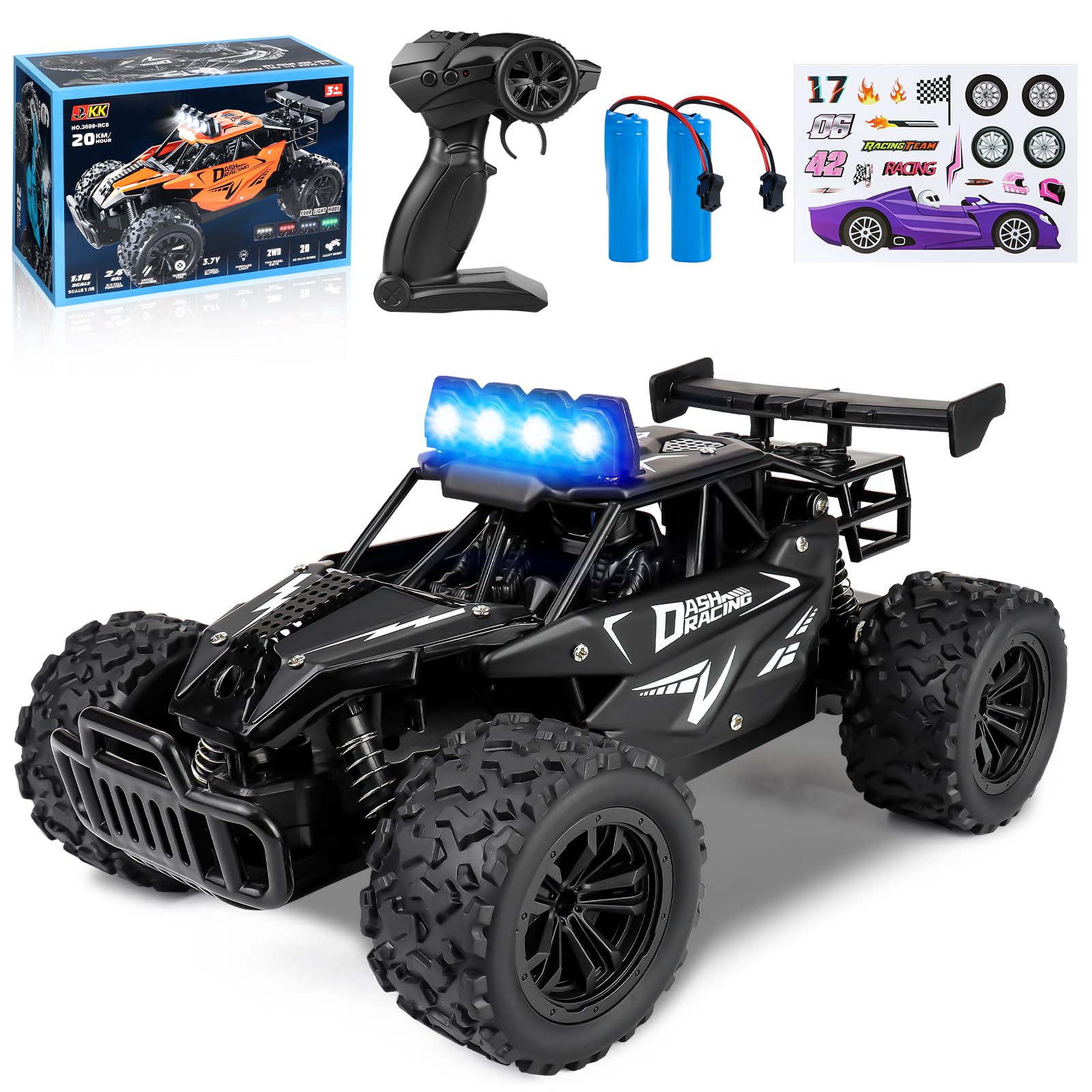 Joellfuner Voiture Ttélécommandée Tout Terrain, 1:16 2.4GHz Voiture Rc avec Lumière LED Quadrichromique, 2WD 20KM/H Buggy RC avec Vitesses Hautes et Basses, Cadeau pour Enfants Plus de 3 Ans (Noir)