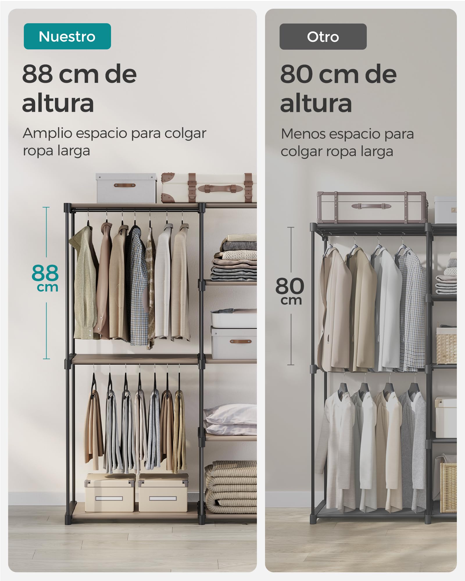SONGMICS Armario de Ropa, Perchero, Burro Ropa, 124 x 43 x 182 cm, 2 Secciones para Colgar, con Compartimentos, Gran Capacidad, para Dormitorio, Salón, Lavandería, Topo RYG026R02