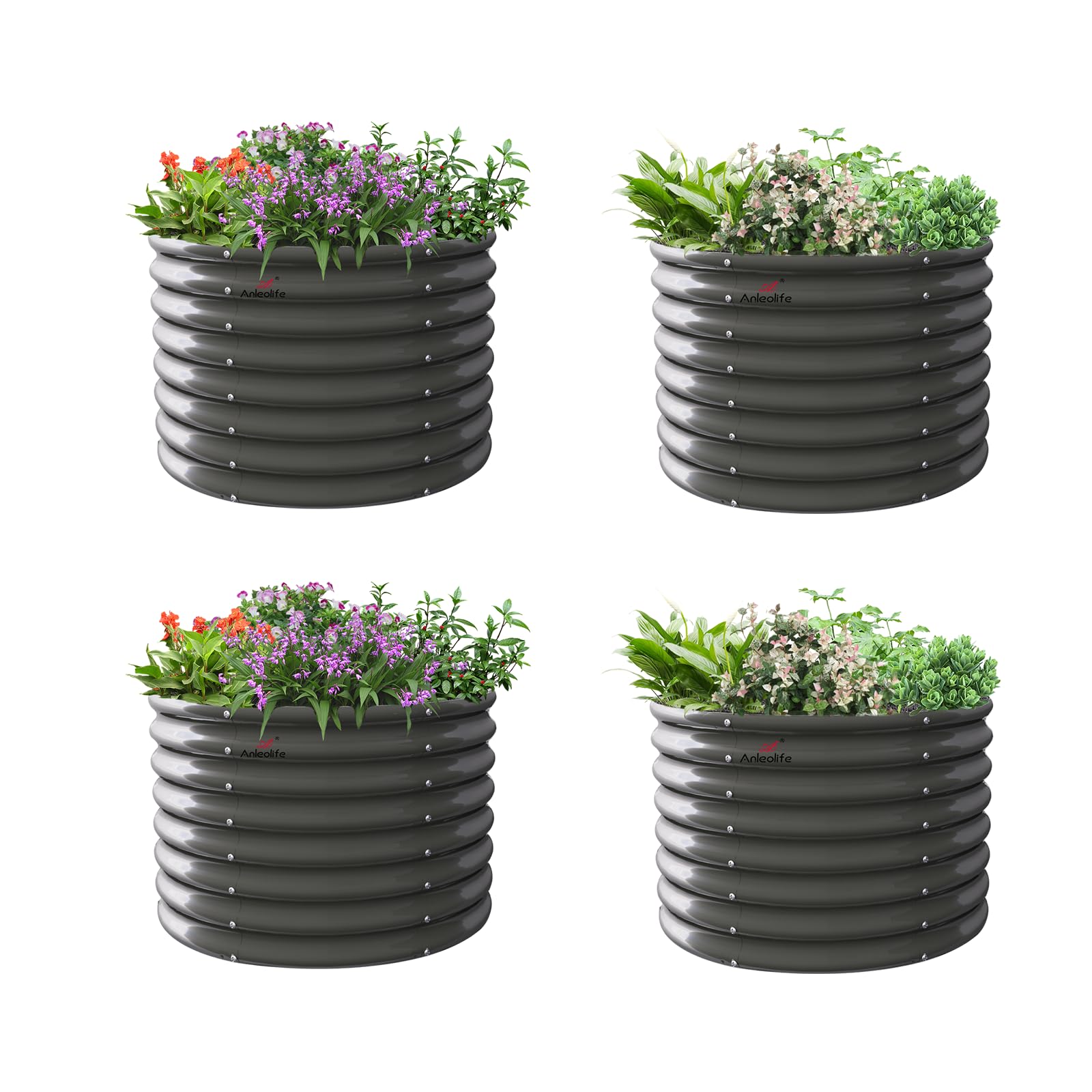A ANLEOLIFE 4-Pack 3ft x 24” Tall Galvanized Raised Garden Beds Outdoor, Round Metal Planter Box for Planting Vegetables Flowers Herb, Anti-Rust &